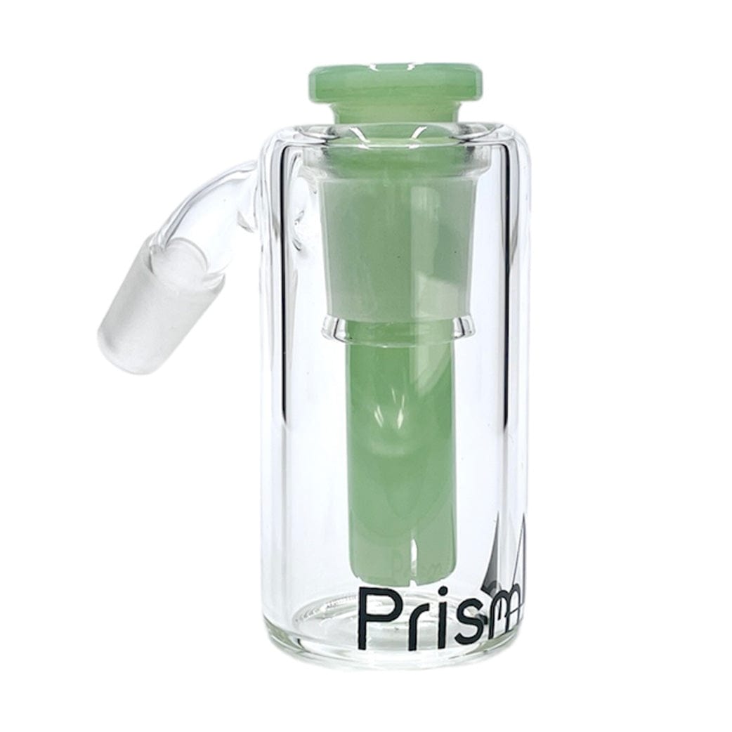 Front-facing close-up of the Prism Beaker Base Ash Catcher showing a clear cylindrical glass body with a grape-green internal downstem and angled joint against a white background