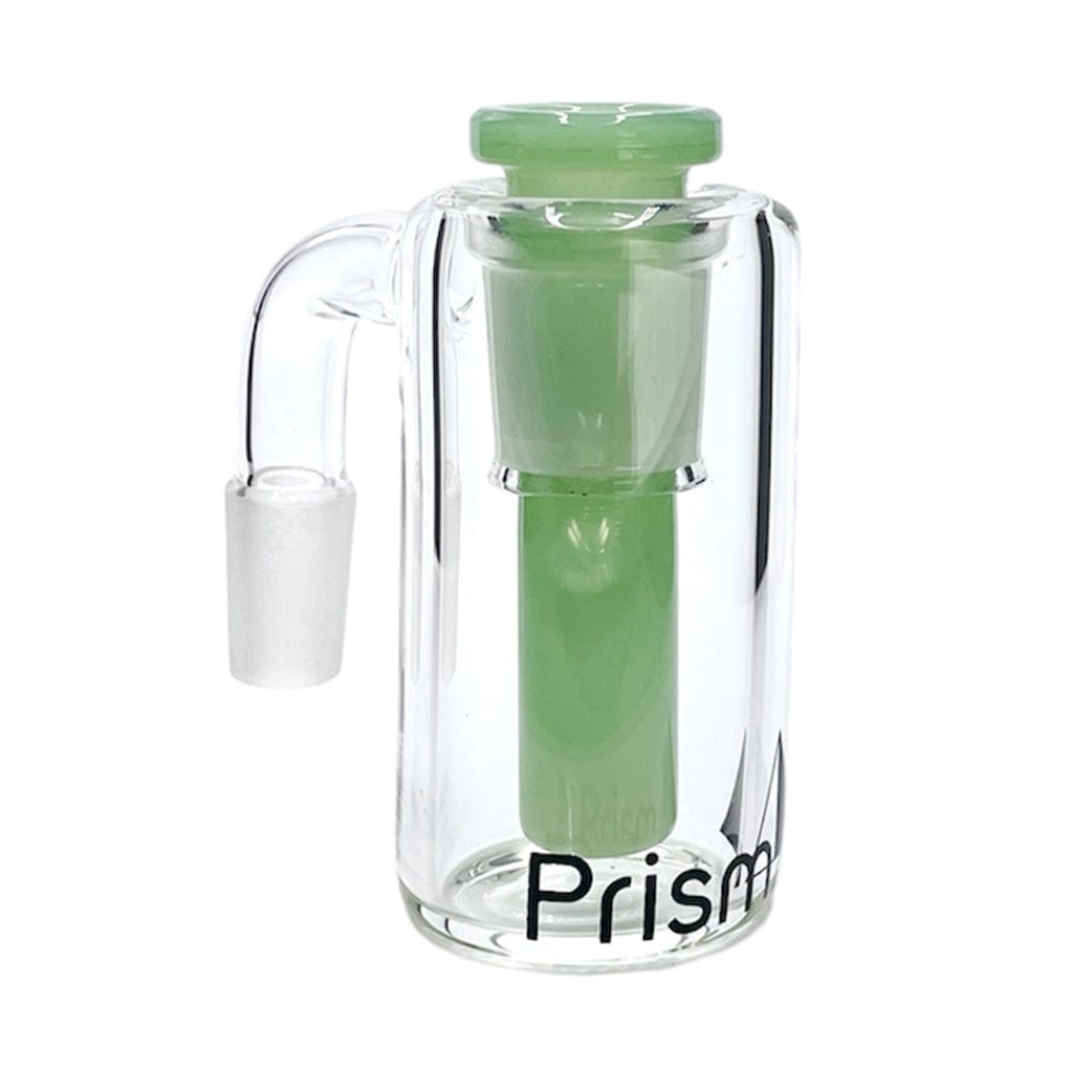 Front-facing studio shot of the Prism Klein Incycler Base Ash Catcher showing a clear cylindrical glass body with a teal inner tube and matching teal top against a white background.