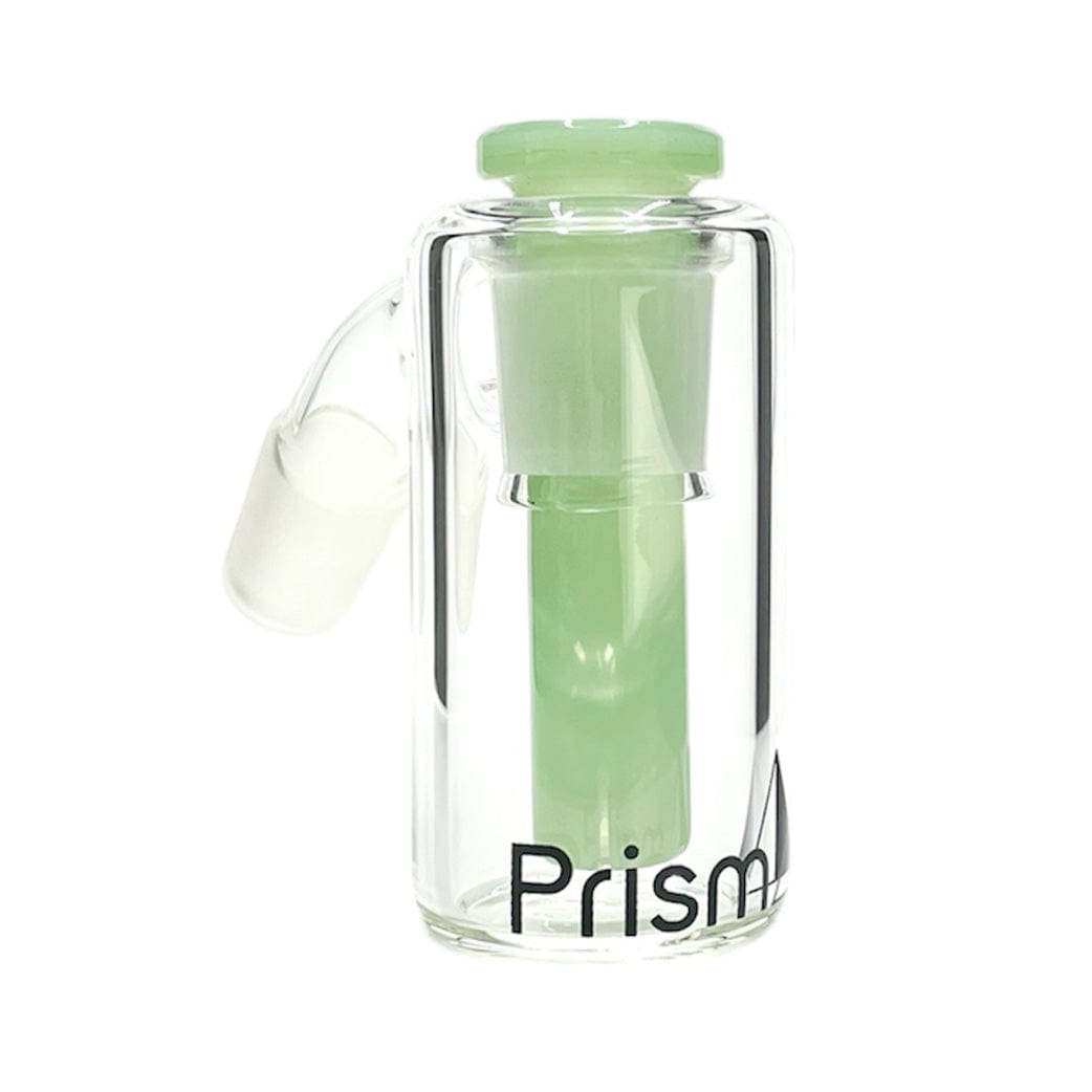Front-facing studio shot of the Prism Percolated Beaker Base Ash Catcher showing a clear cylindrical glass body with a pale green internal percolator and side joint.