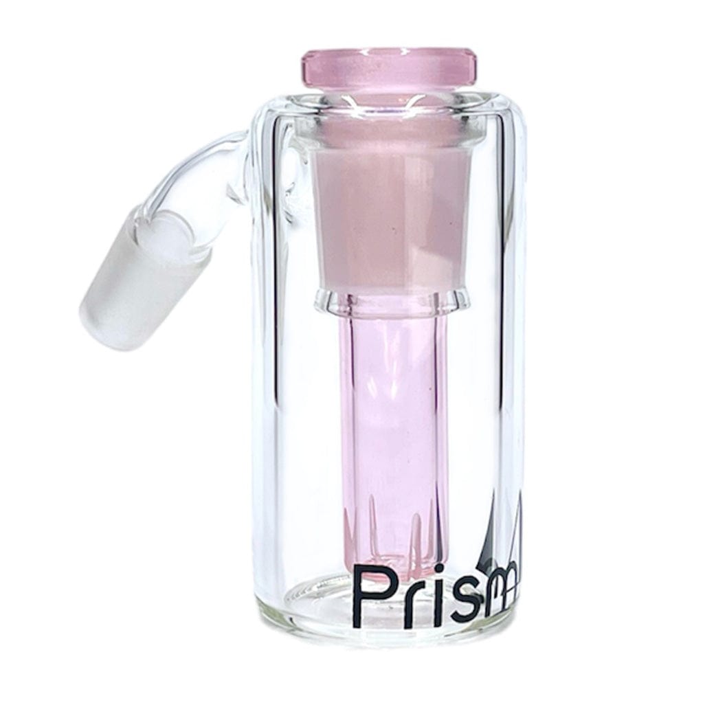 Front-facing view of the Prism Beaker Base Ash Catcher showing a clear cylindrical glass body with a pink internal tube and angled frosted joint.