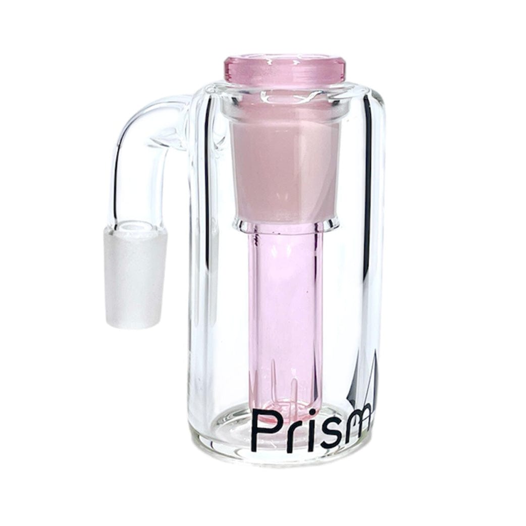 Front-facing view of the Prism Klein Incycler Base Ash Catcher in clear glass with a pink inner chamber and left-angled joint against a white background