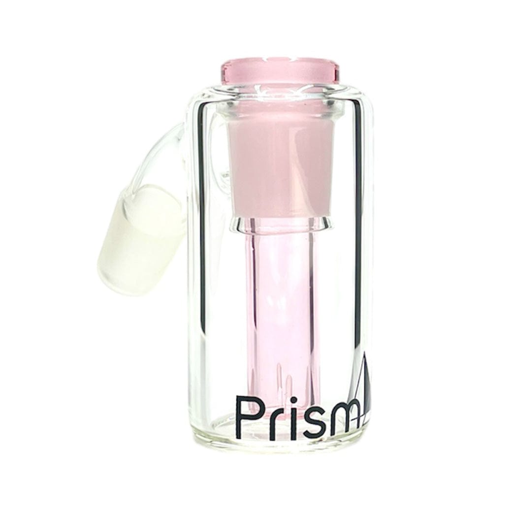 Front-facing shot of the Prism Percolated Beaker Base Ash Catcher showing a clear glass cylinder with a pale grape-pink inner tube and angled joint.