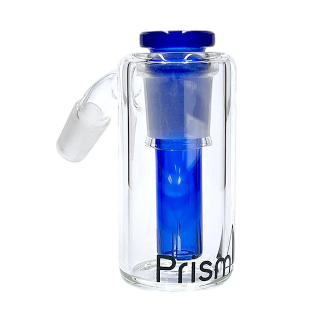 Front-facing shot of the Prism Beaker Base Ash Catcher showing a clear glass cylinder with a blue internal percolator and angled joint.