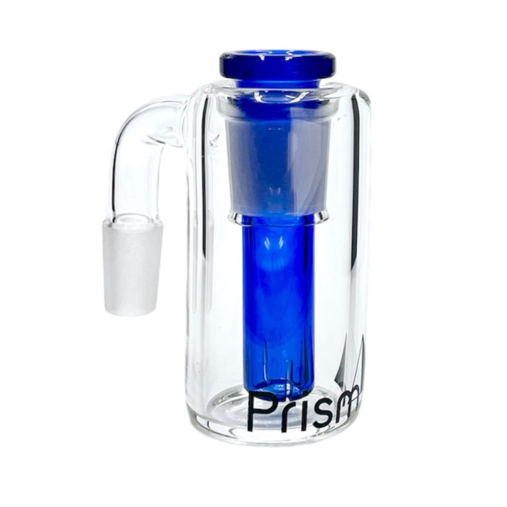 Front-facing view of the Prism Klein Incycler Base Ash Catcher showing a clear outer chamber with a vivid blue inner percolator and angled glass joint.