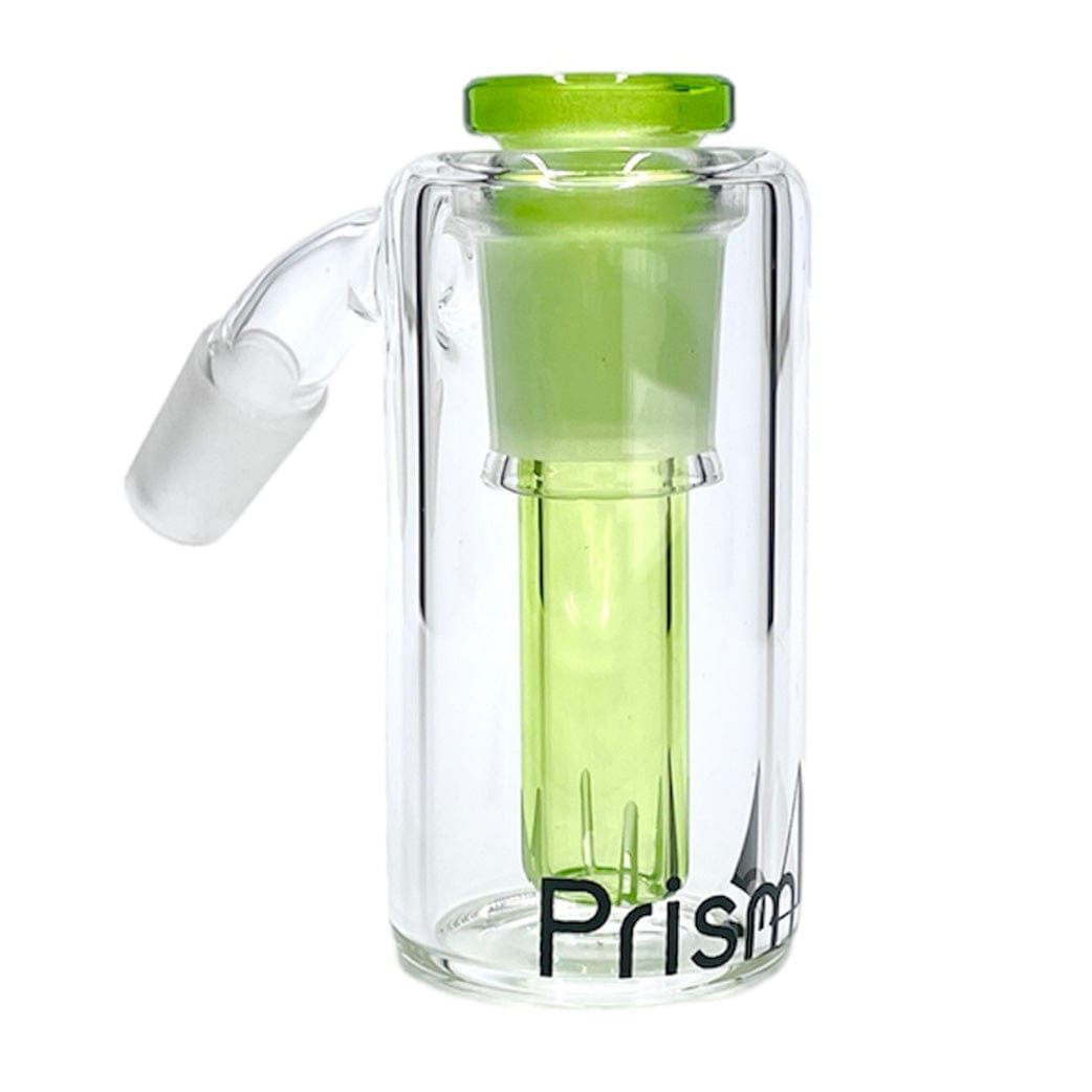Front three-quarter view of a clear glass Prism Beaker Base Ash Catcher with a blueberry-green inner stem and frosted joint against a white background.