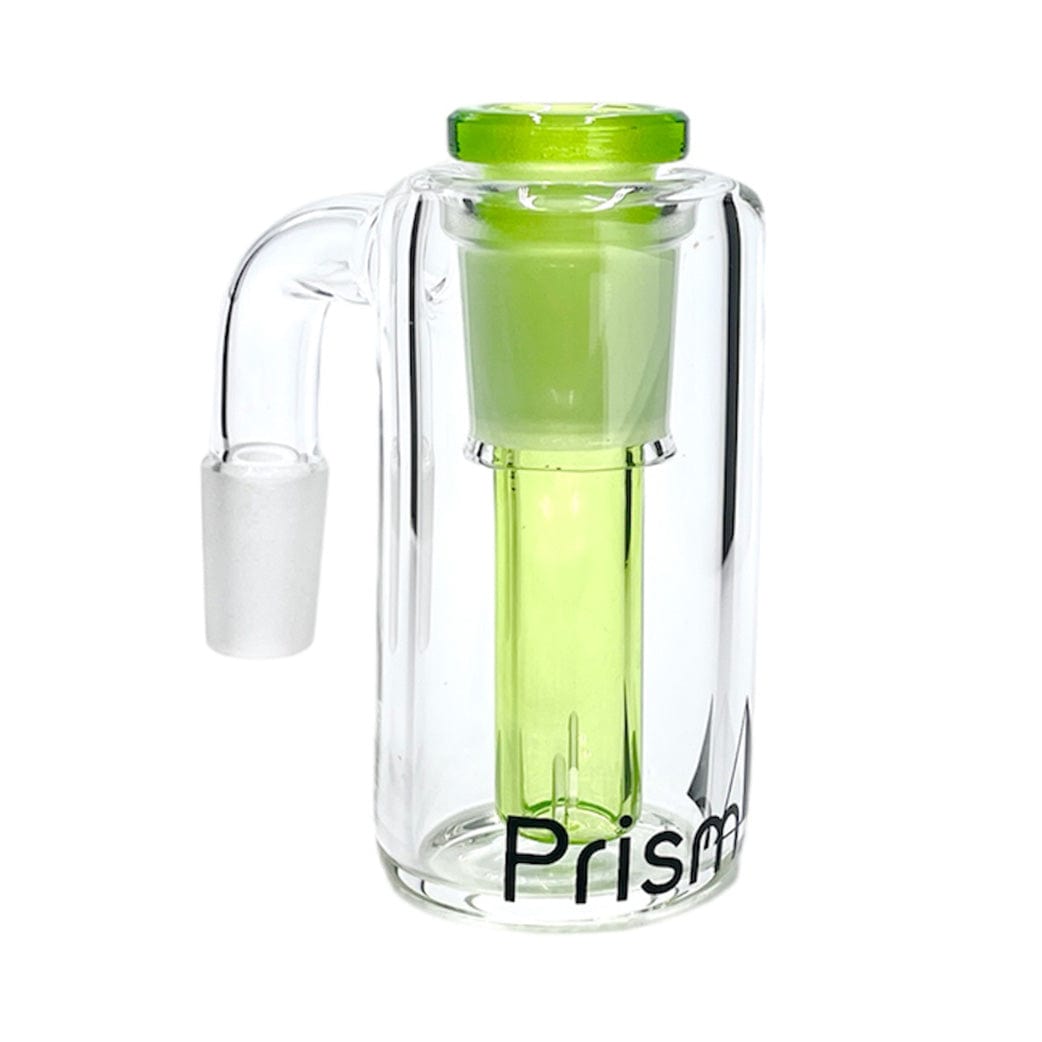 Angled front view of the Prism Klein Incycler Base Ash Catcher showing its clear cylinder with a lime-green inner tube and matching top.