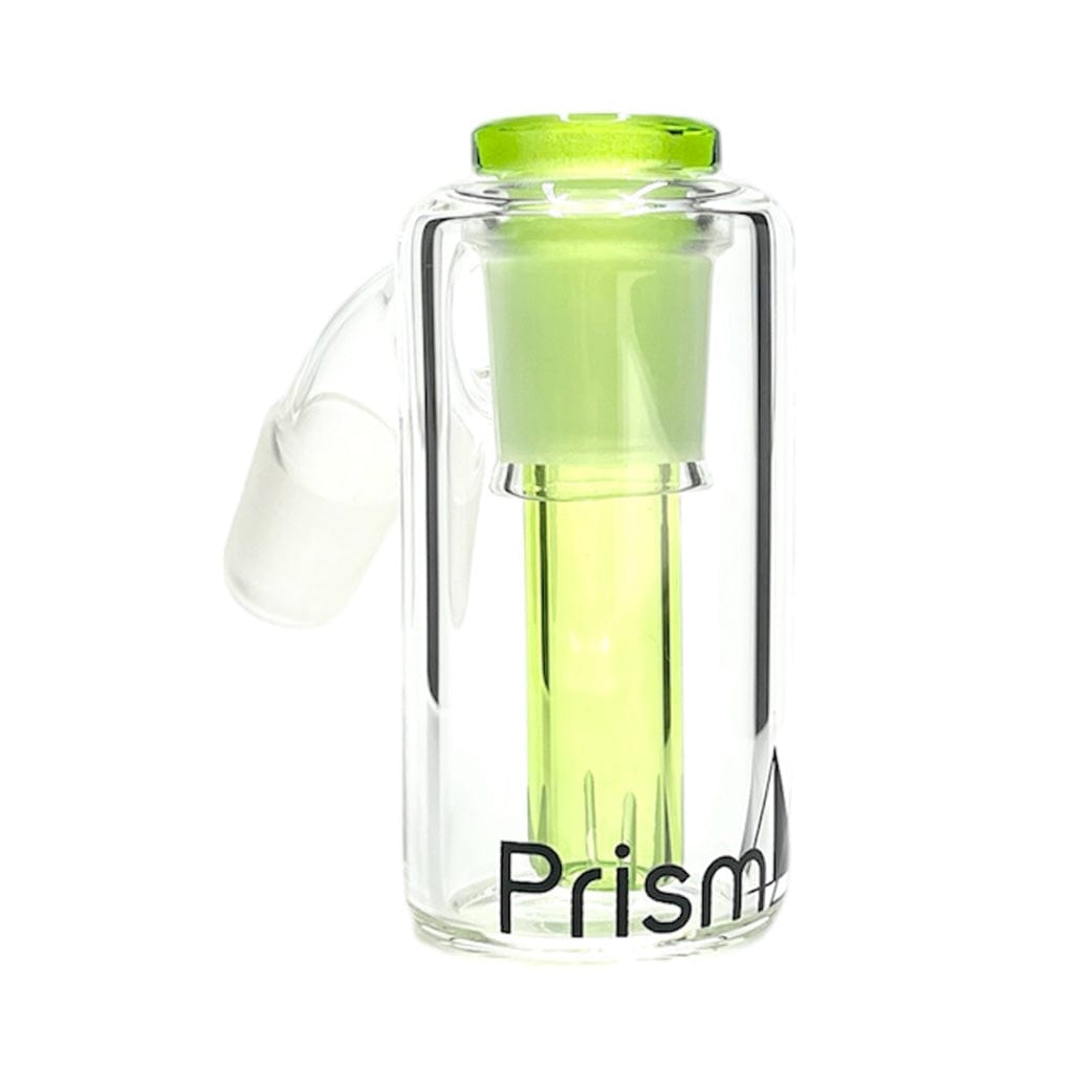 Front-facing view of the Prism Percolated Beaker Base Ash Catcher showing a clear glass cylinder with a lime-green inner percolator and angled joint.