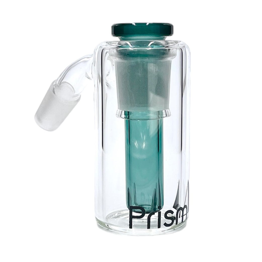 Front-facing view of the Prism Beaker Base Ash Catcher showing its clear cylindrical glass body, teal internal stem and top, and angled frosted joint.