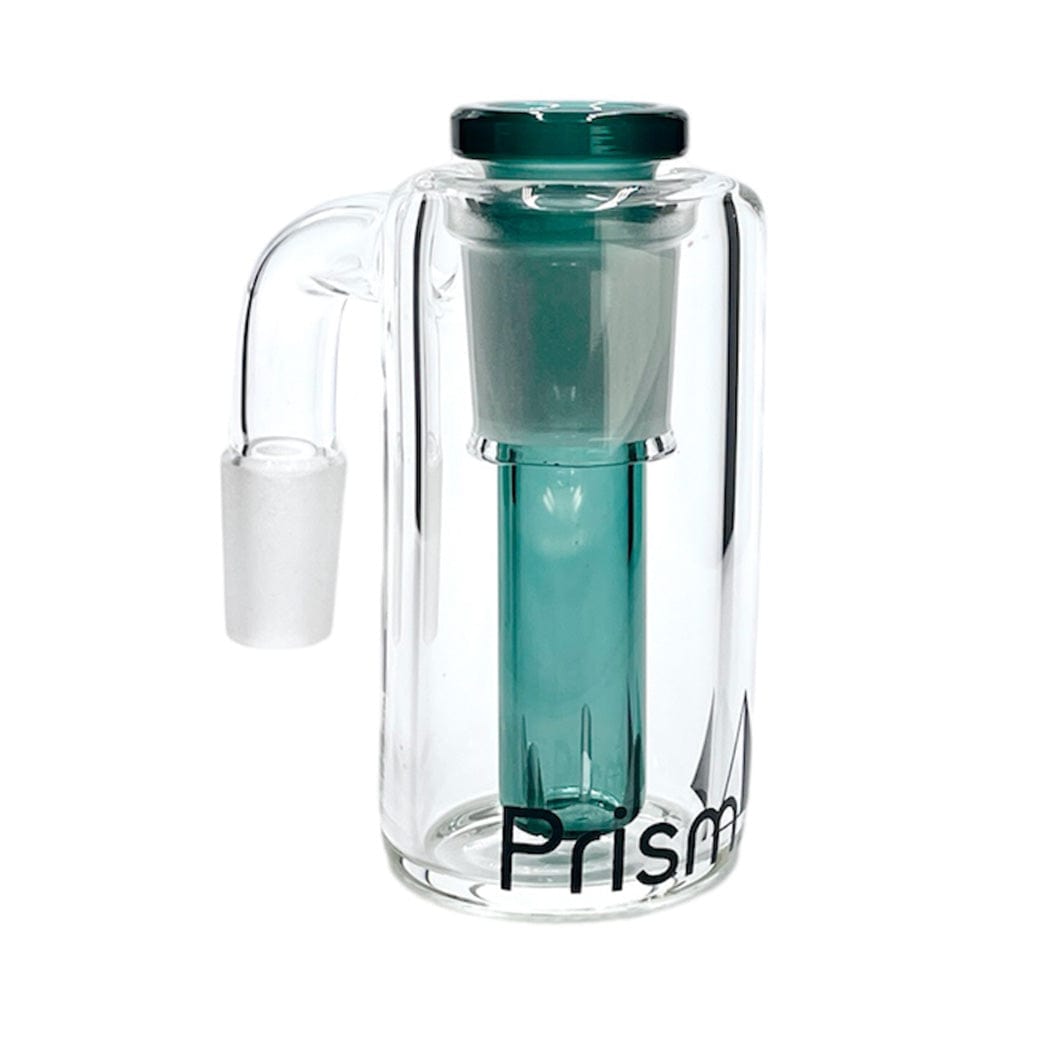 Clear front view of the Prism Klein Incycler Base Ash Catcher showing a teal internal tube and matching top inside a cylindrical clear glass body.