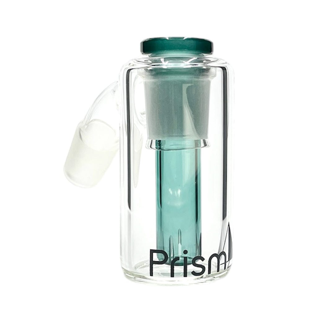 Front view of a clear glass Prism Percolated Beaker Base Ash Catcher with a teal percolator tube and matching rim against a white background