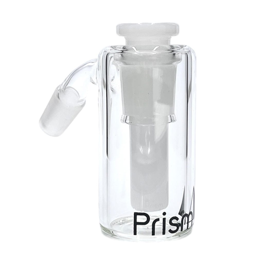 Front-facing close-up of the clear Prism Beaker Base Ash Catcher showing its cylindrical glass body, angled joint, and white inner stem against a white background