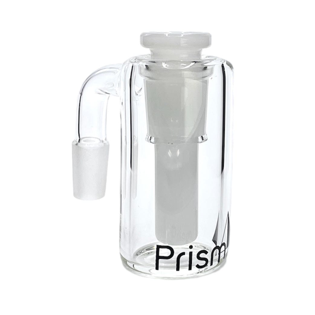 Clear studio-front view of the Prism Klein Incycler Base Ash Catcher showing its cylindrical clear glass body, side joint arm, and white inner downstem against a white background