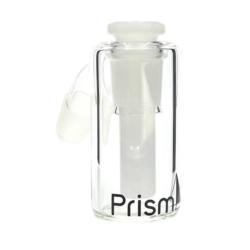 Front-facing close-up of the Prism Percolated Beaker Base Ash Catcher in clear glass against a white background, showing its cylindrical body, angled joint, and printed "Prism" logo.