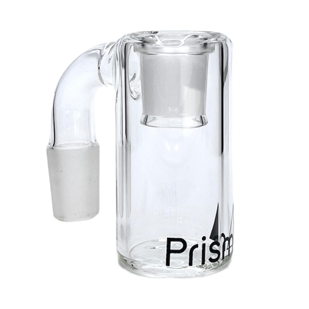 Clear studio-shot of a Prism Honeycomb Base Ash Catcher shown at slight left angle on a white background, highlighting its cylindrical chamber, angled joint, and printed "Prism" logo.