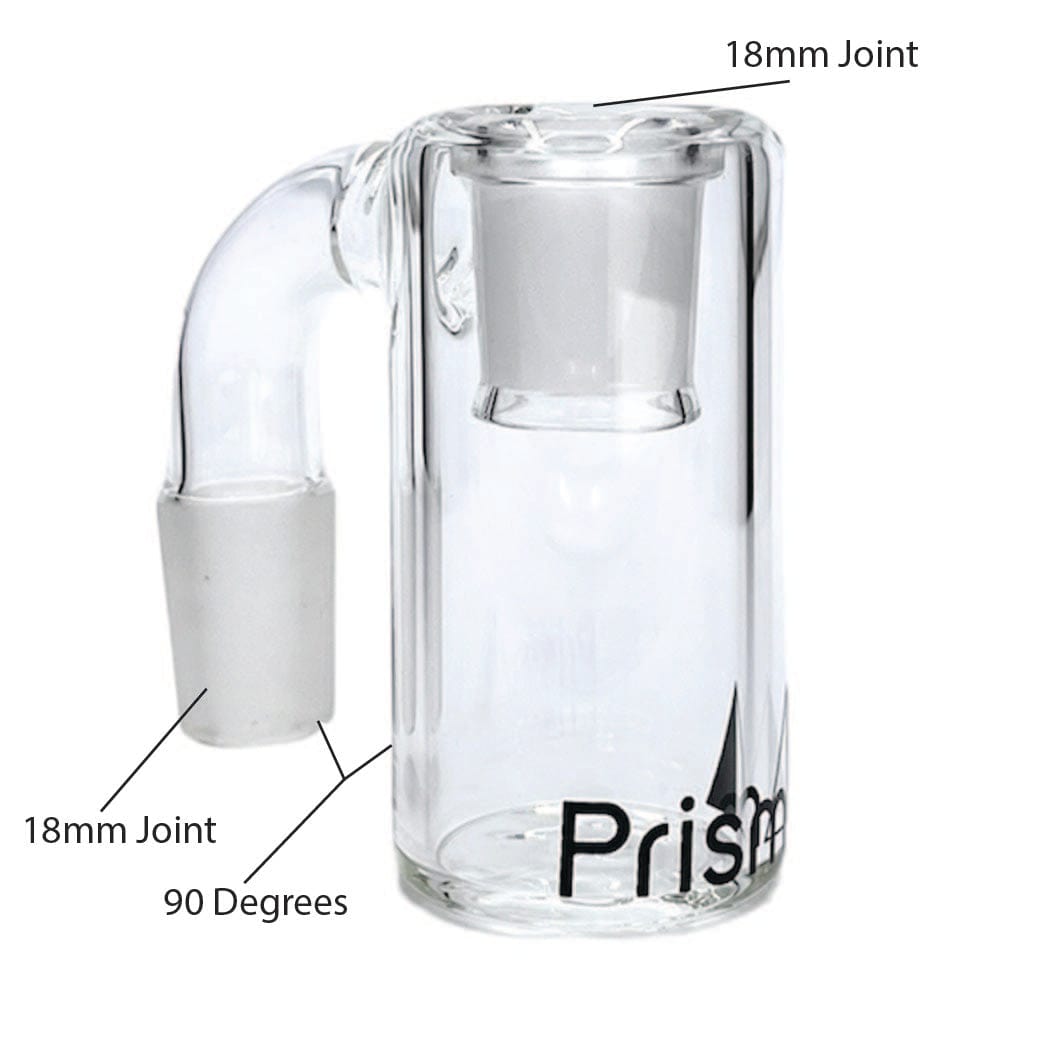 Angled close-up of the Prism Honeycomb Base Ash Catcher showing its clear cylindrical body, 90-degree joint arm, and printed logo near the base.