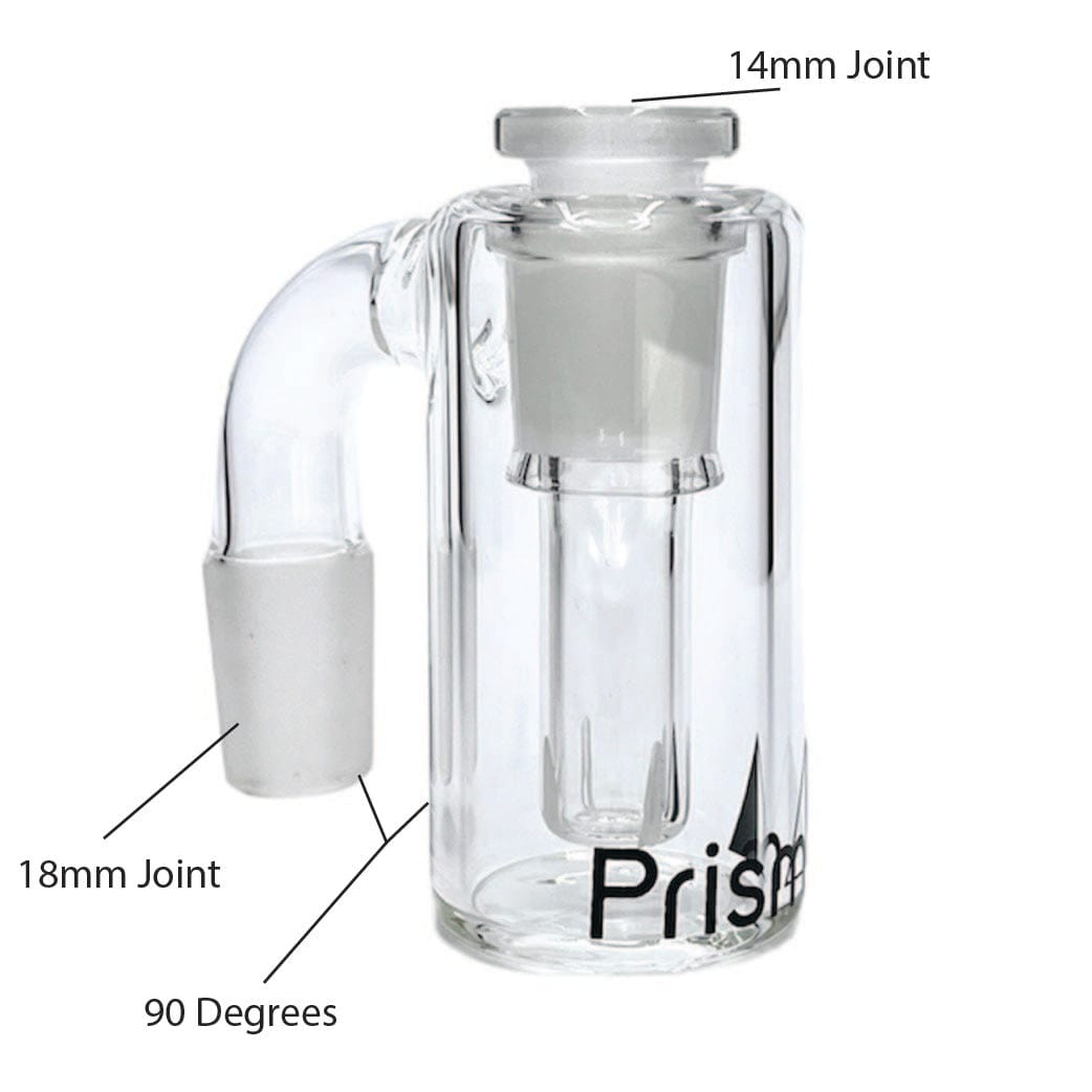 Front three-quarter view of the Prism Honeycomb Base Ash Catcher showing its clear glass chamber, 90° teal-accented joint and inner honeycomb.