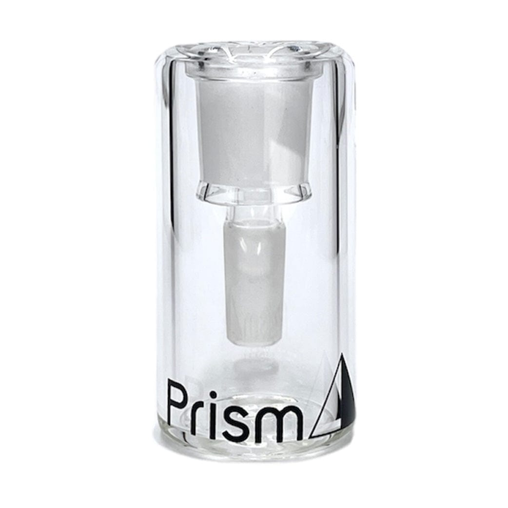 Front-facing view of a clear glass Prism Honeycomb Base Ash Catcher showing its cylindrical chamber, internal downstem and black "Prism" logo at the base.