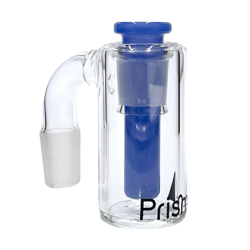 Close-up front view of the Prism Honeycomb Base Ash Catcher showing its clear glass body, blue honeycomb-style inner stem, and angled joint.