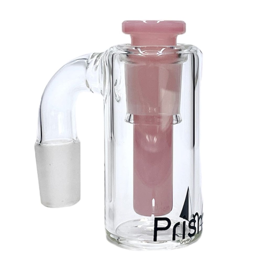 Front-facing shot of the Prism Honeycomb Base Ash Catcher showing a clear glass chamber with a pink internal honeycomb percolator and angled joint on a white background