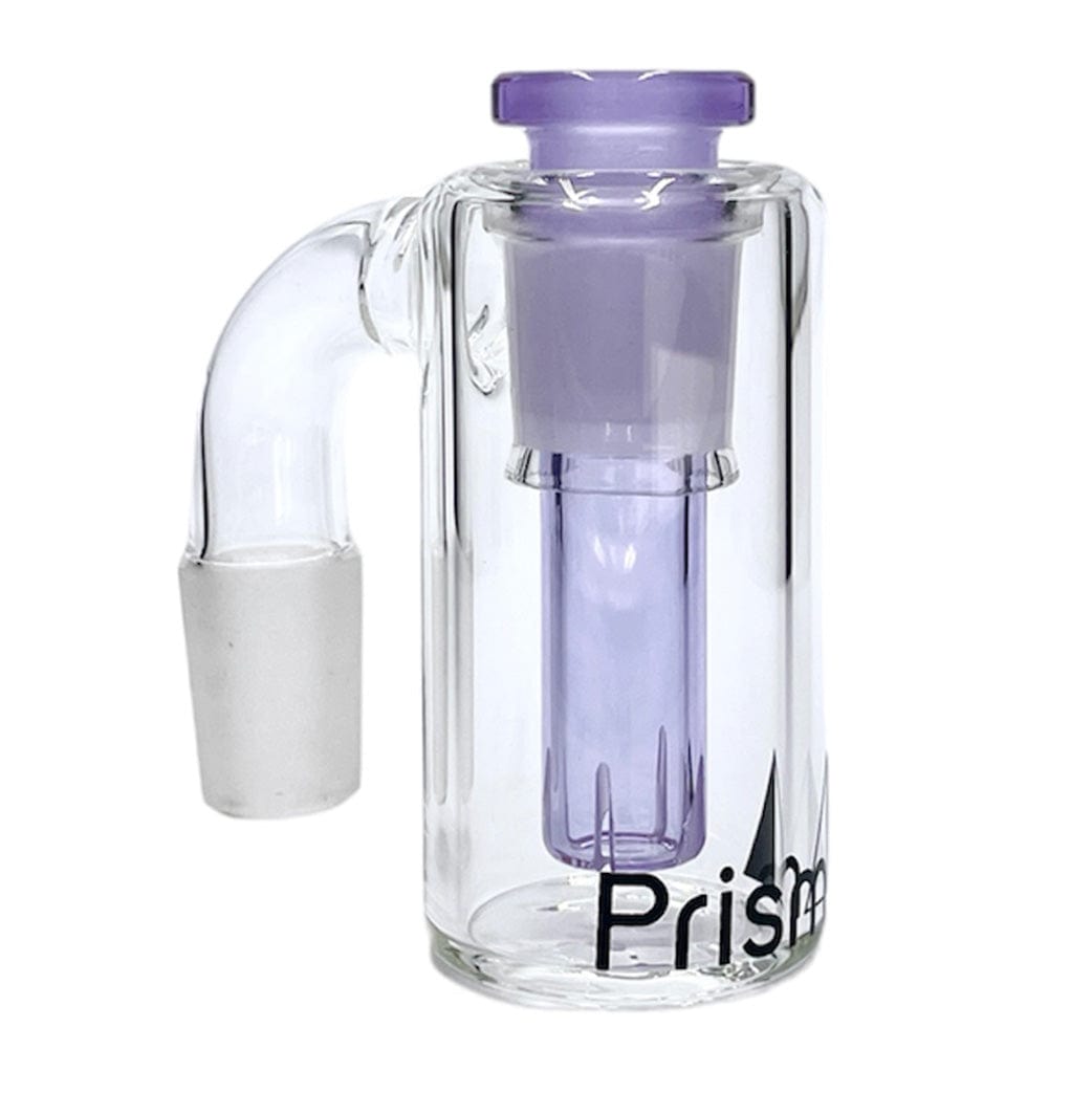 Front-facing view of the Prism Honeycomb Base Ash Catcher showing a clear cylindrical glass body with a lavender inner honeycomb downstem and matching top against a white background.