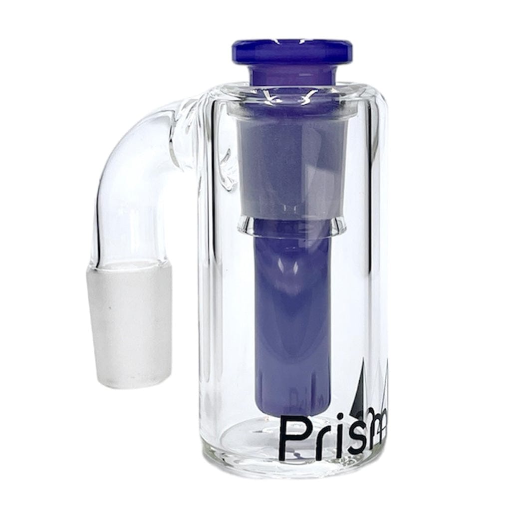 Close-up front view of the Prism Honeycomb Base Ash Catcher showing a clear glass cylinder with a midnight purple honeycomb insert and angled joint.