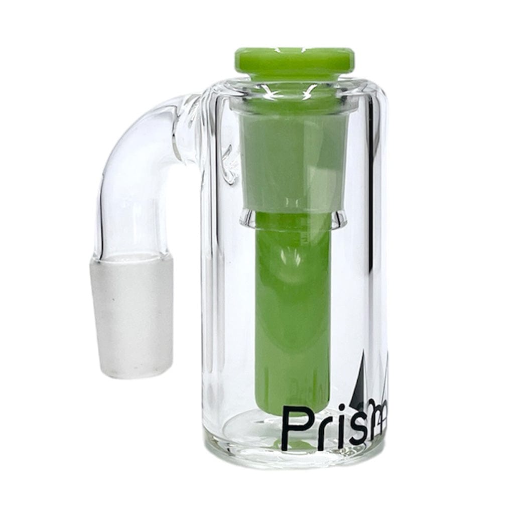 Front-facing shot of the Prism Honeycomb Base Ash Catcher showing a clear glass cylinder with a green internal honeycomb stem and angled joint against a white background