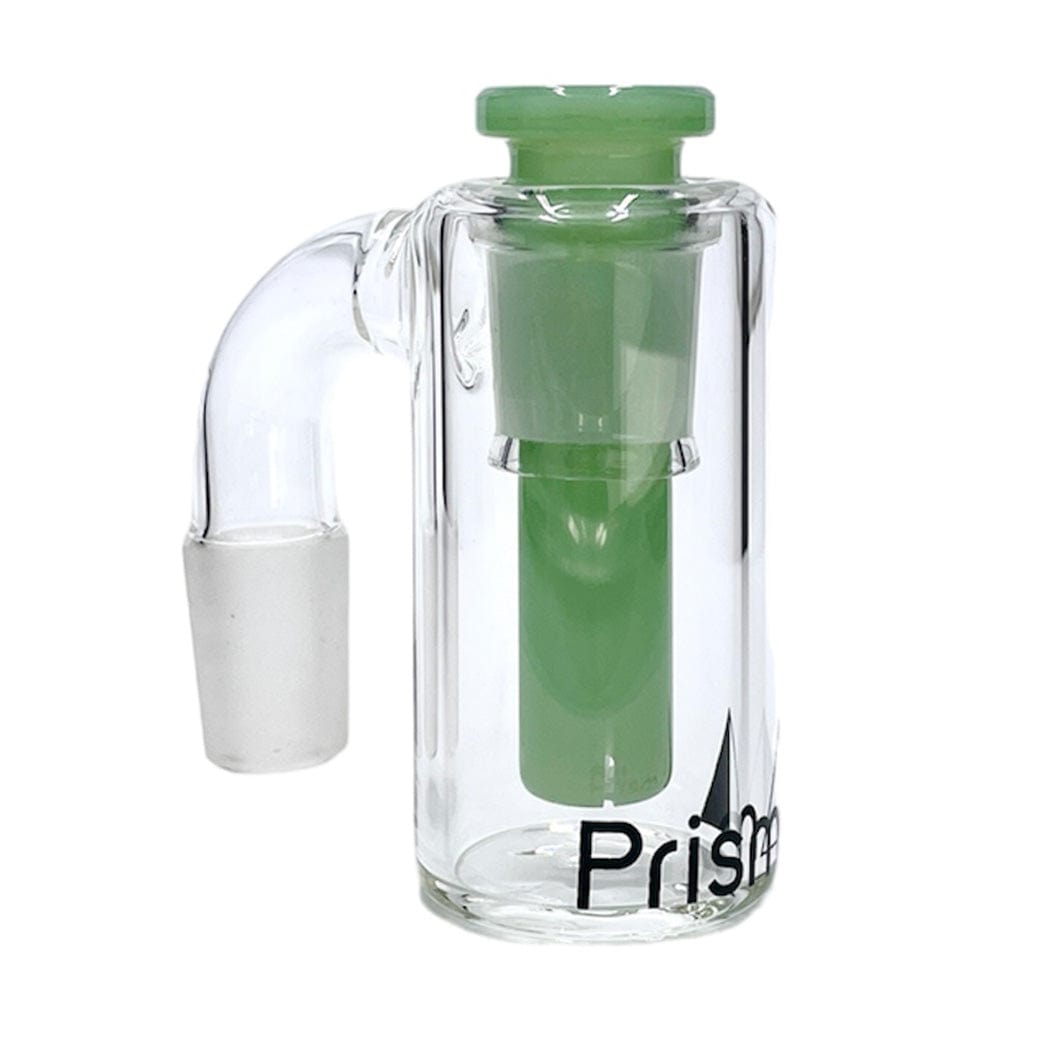 Front view of the Prism Honeycomb Base Ash Catcher showing a clear cylindrical body with a green inner honeycomb tube and matching green top against a white background.