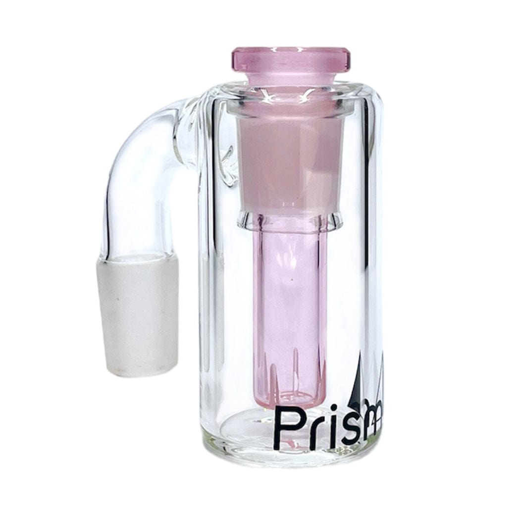 Front-facing view of a clear glass Prism Honeycomb Base Ash Catcher with a pink inner honeycomb tube and angled side joint against a white background