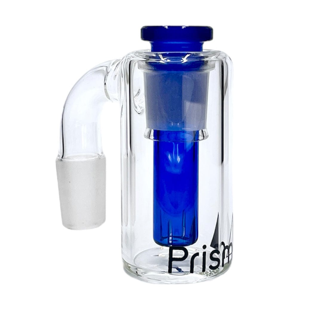 Close-up front view of the Prism Honeycomb Base Ash Catcher showing a clear glass cylinder with a vibrant blue internal honeycomb percolator and angled joint.