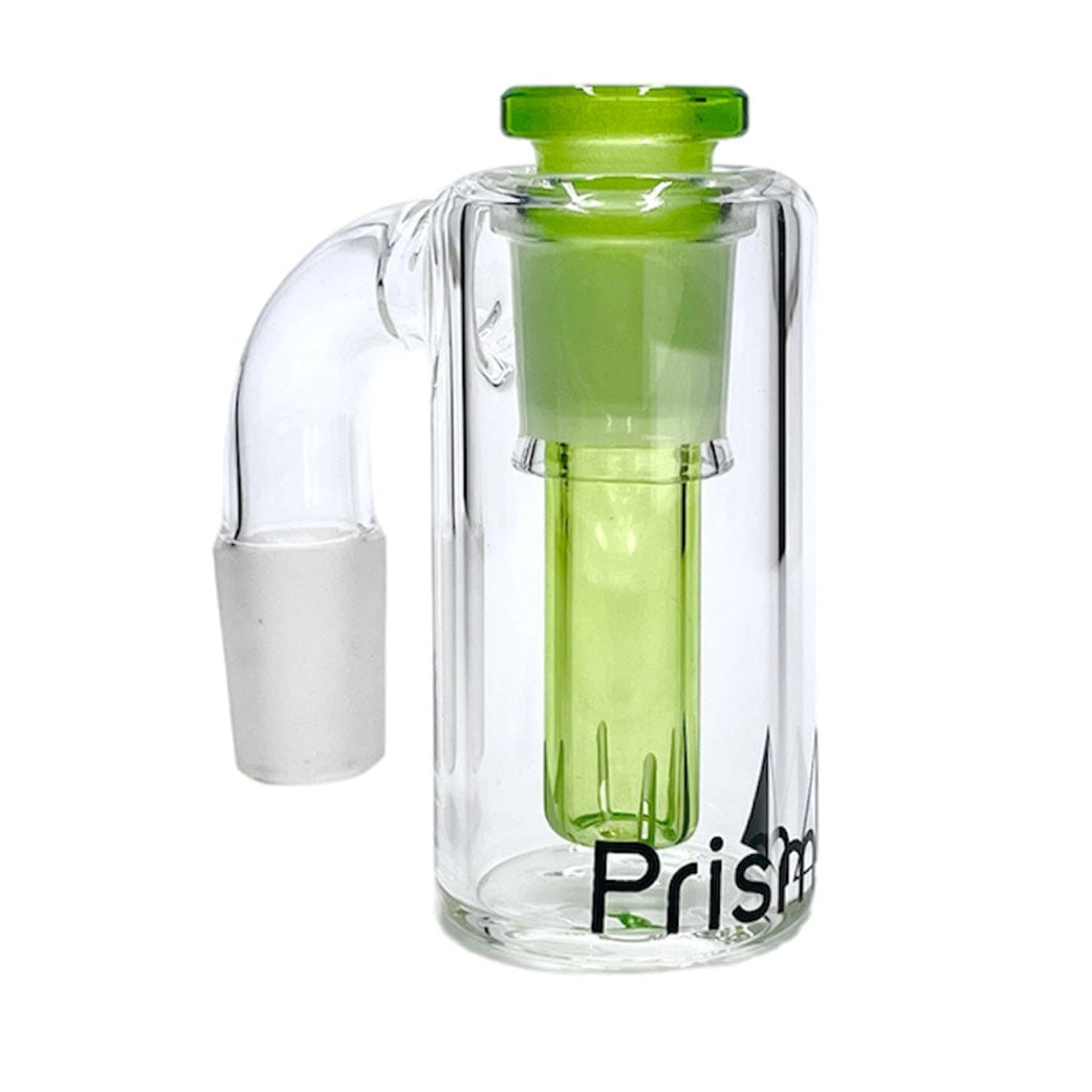 Front three-quarter view of the Prism Honeycomb Base Ash Catcher showing a clear glass cylinder with a lime-green honeycomb perc and matching rim, photographed on a white background.