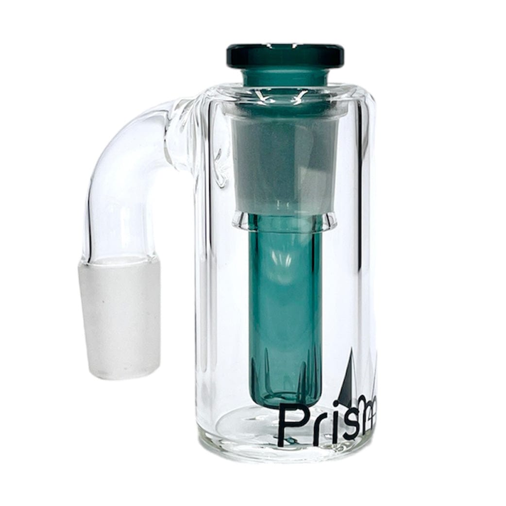 Front three-quarter view of the Prism Honeycomb Base Ash Catcher showing a clear glass chamber with a teal honeycomb perc and angled joint against a white background