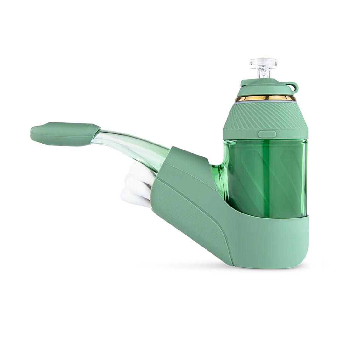 Side view of the mint green Puffco Proxy Travel Pack showing its angled glass mouthpiece, translucent water chamber, and molded travel case.