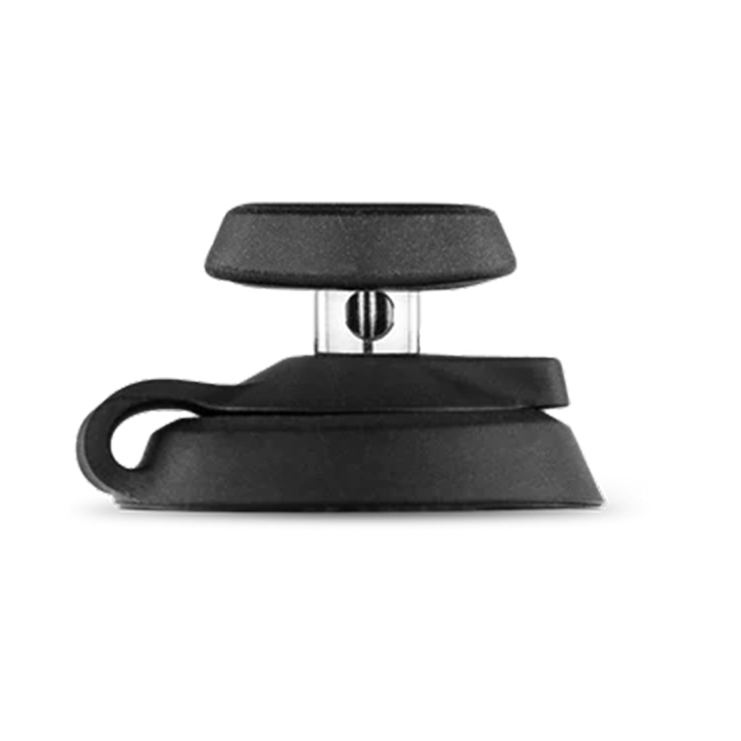 Side profile of a black Puffco Proxy Carb Caps piece on a white background showing its layered circular top, clear central stem, and hooked base.
