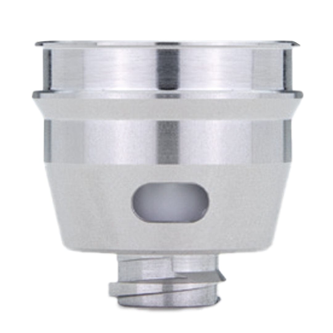 Close-up front view of a silver New Peak 3D Chambers piece showing its cylindrical, metallic body with a rounded rectangular window and threaded base.