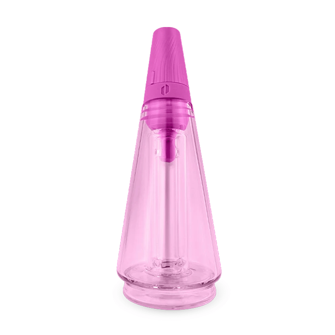 Front-facing studio shot of a translucent pink Puffco Peak Travel Glass standing upright on a white background.