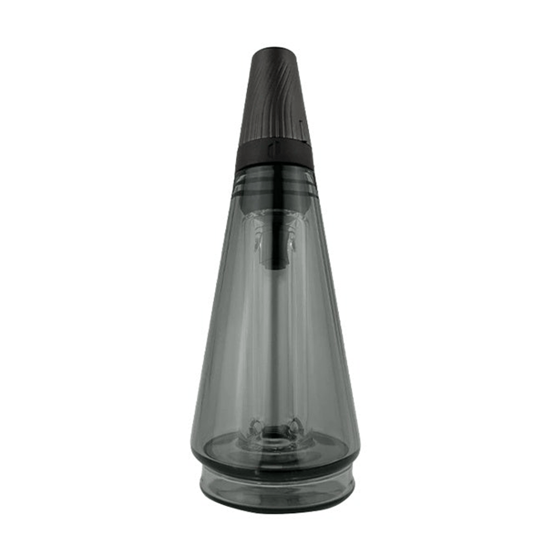 Front view of the translucent Ultra Violet Puffco Peak Travel Glass standing upright on a white background, showing its tapered cone shape and black mouthpiece.