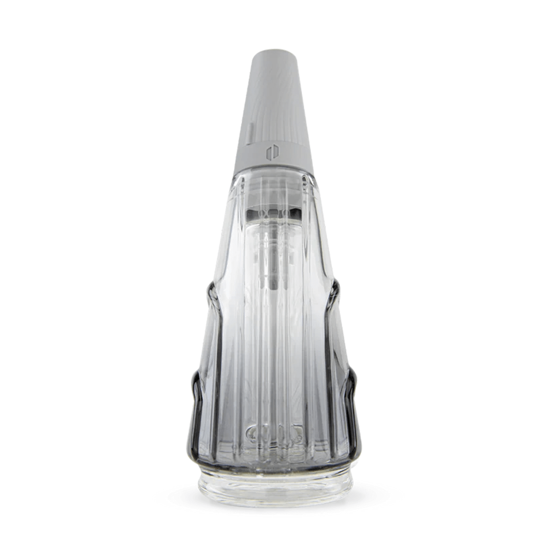 Front-facing studio shot of a clear glass Puffco Peak Travel Glass with a tapered mouthpiece against a white background.