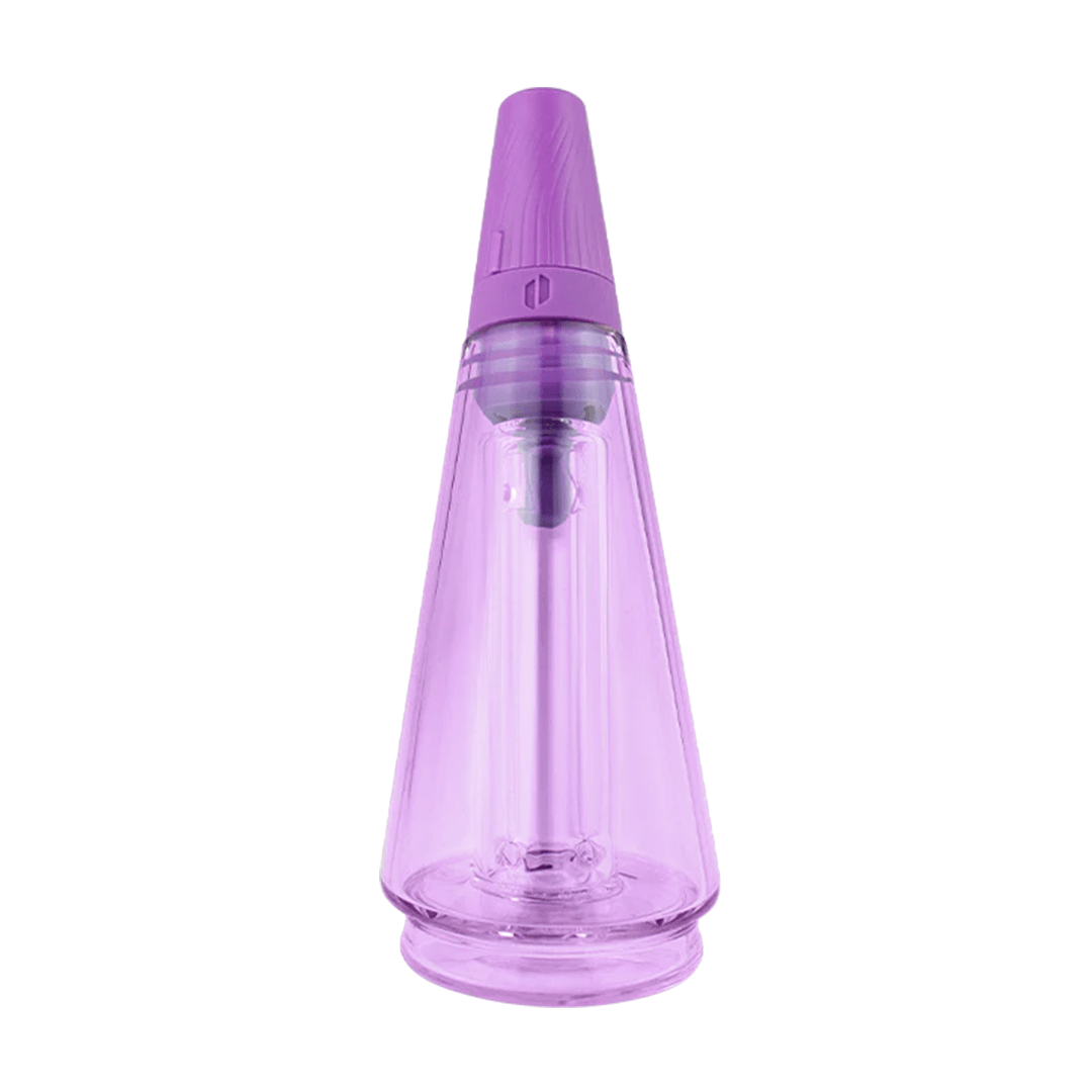 Front-facing view of a clear, tapered Puffco Peak Travel Glass in translucent purple with a centered internal downstem against a white background