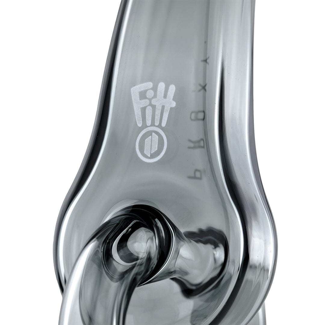 Close-up view of the Puffco Proxy Ryan Fitt Recycler Glass showing the smoky curved glass joint and etched Fitt logo against a white background