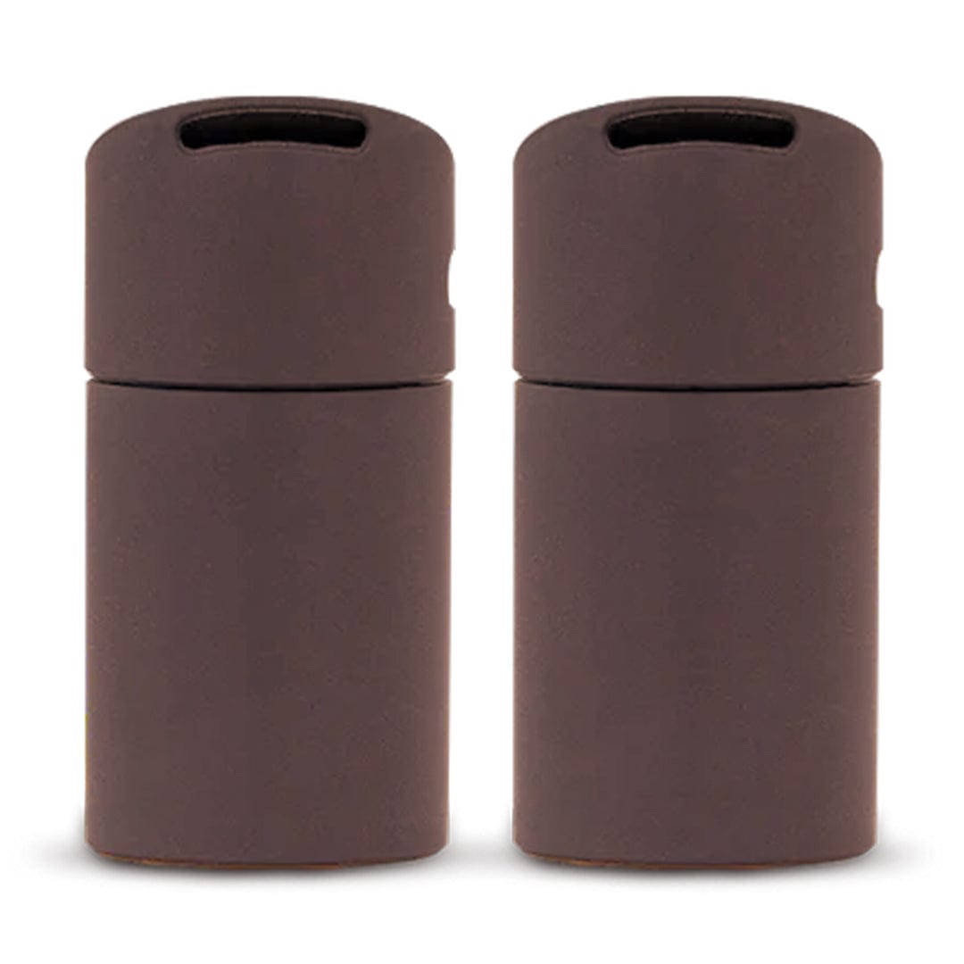 Front-facing pair of matte brown Puffco Pivot Mouthpiece pieces standing side by side on a white background.