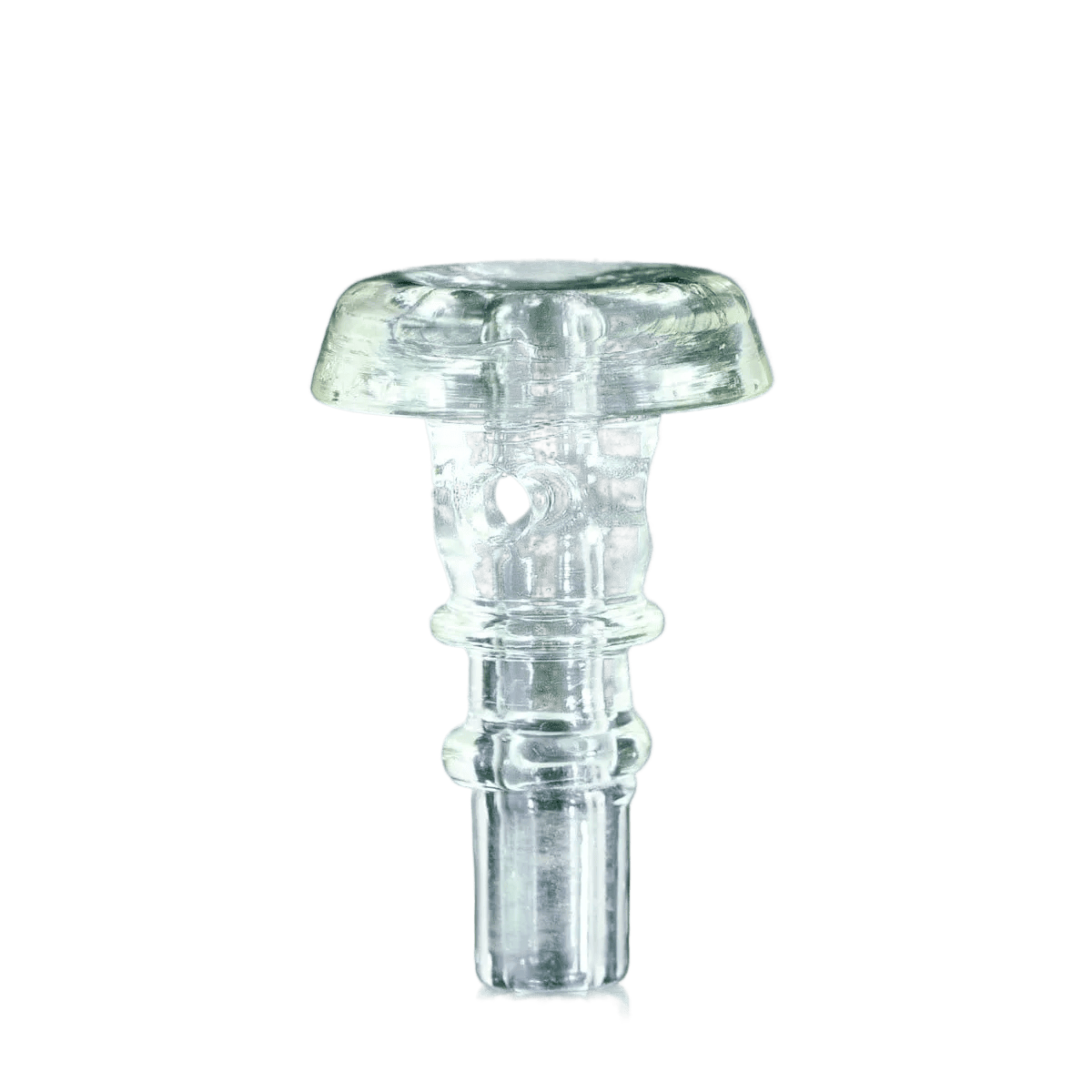 Center-frontal view of the clear Empire Glassworks PuffCo Peak Pro 3D XL Chamber Glass Joystick Cap against a plain green background, showing its rounded top, hollow stem, and side vent hole.