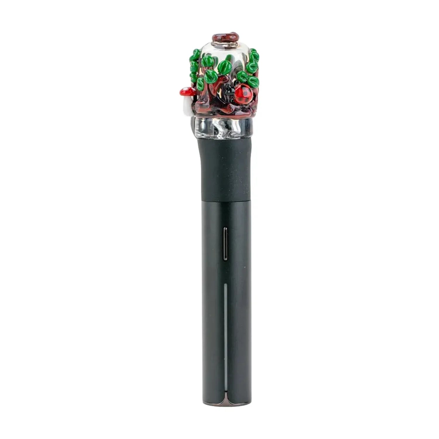 Straight-on view of the Empire Glassworks Puffco Pivot Glass Mouthpiece - Renew the Redwoods perched atop a black Puffco Pivot stem, showing the detailed red and green forest-themed glass sculpting against a white background.