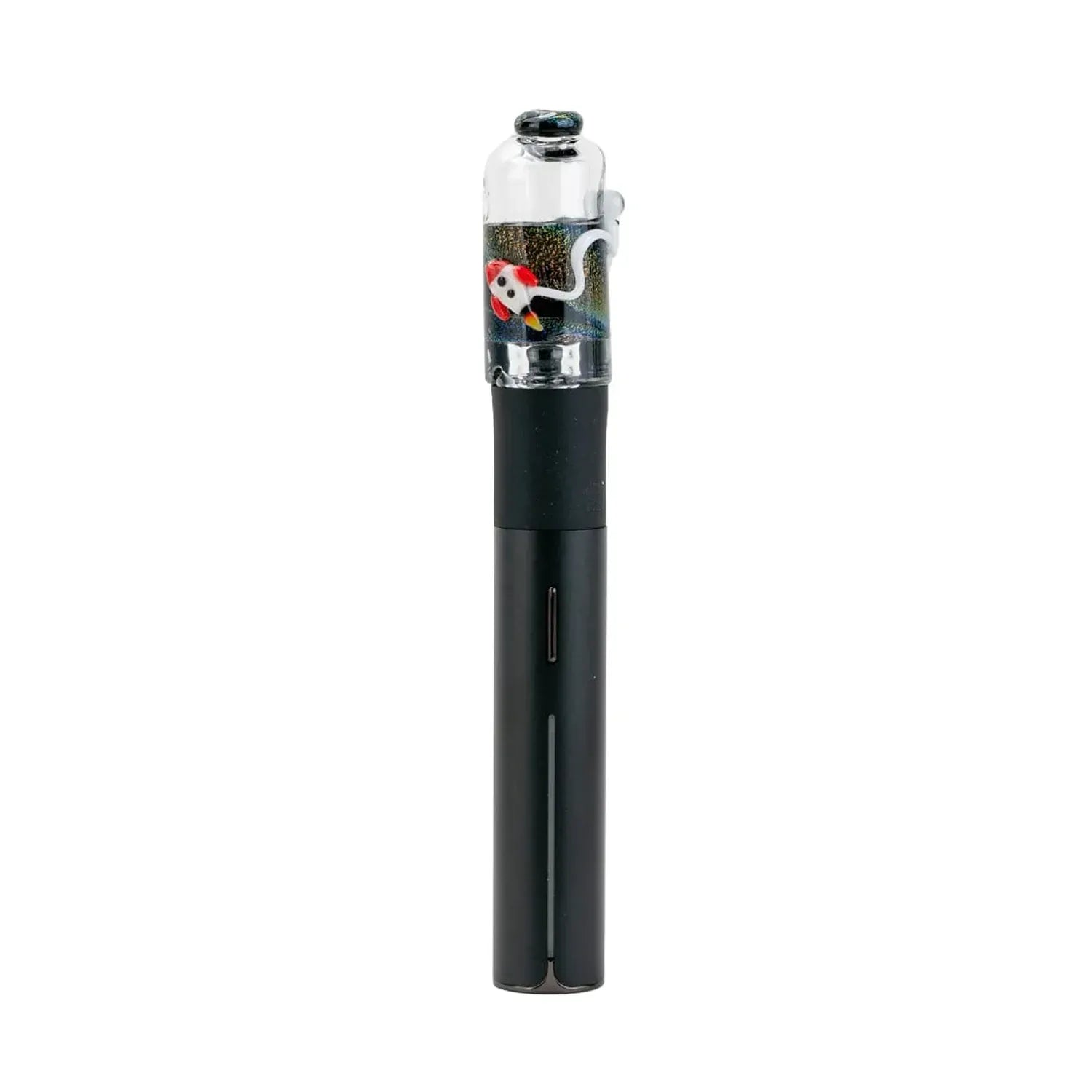 Vertical close-up of the Empire Glassworks Puffco Pivot Glass Mouthpiece - Across the Universe showing its clear glass top with a small red-and-white koi decoration against a black vaporizer stem.
