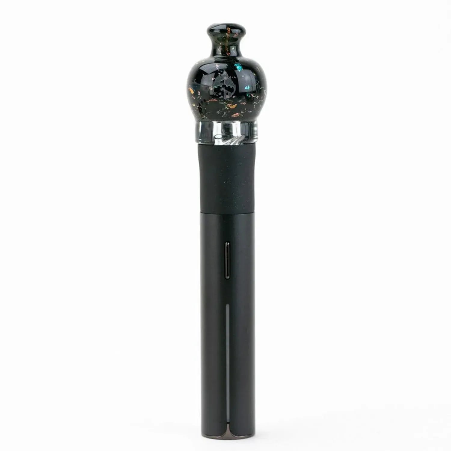 Centered vertical view of the Empire Glassworks Puffco Pivot Glass Mouthpiece - Black Nebula showing a glossy black nebula-speckled rounded glass tip atop a matte black stem against a white background