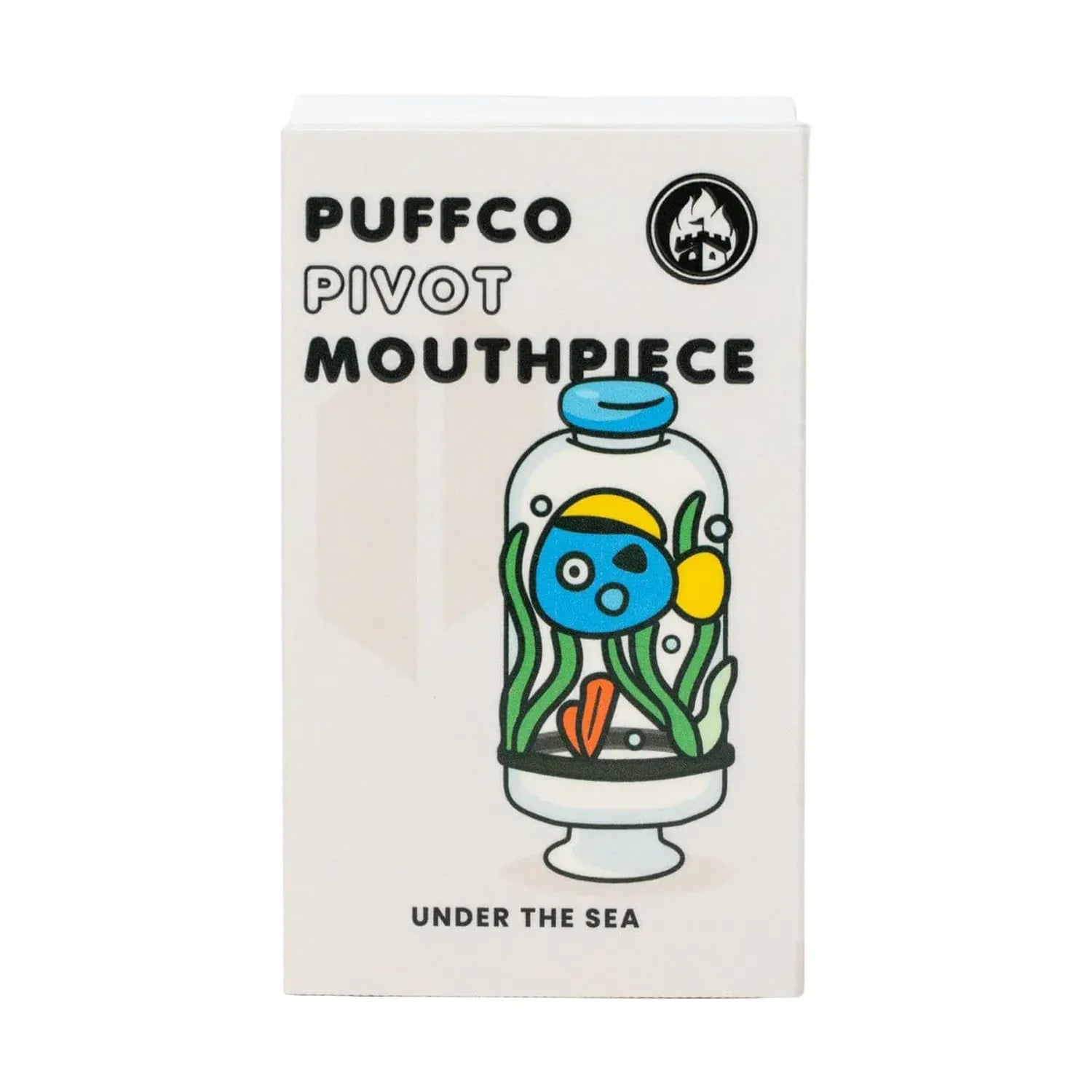 Front-facing box art of the Empire Glassworks Puffco Pivot Glass Mouthpiece - Under the Sea showing a cartoon fish in a jar.