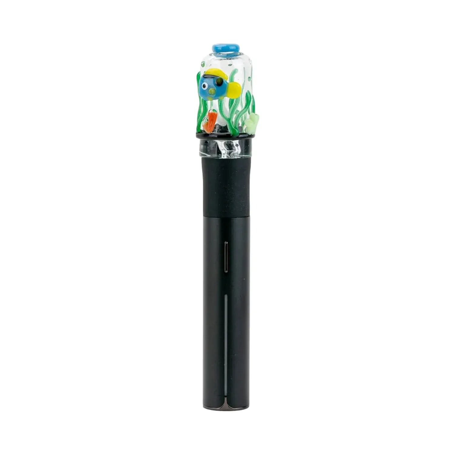 Center-aligned close-up of an Empire Glassworks Puffco Pivot Glass Mouthpiece - Under the Sea showing a clear glass dome with a small blue and yellow fish and green seaweed accents atop a black Pivot stem