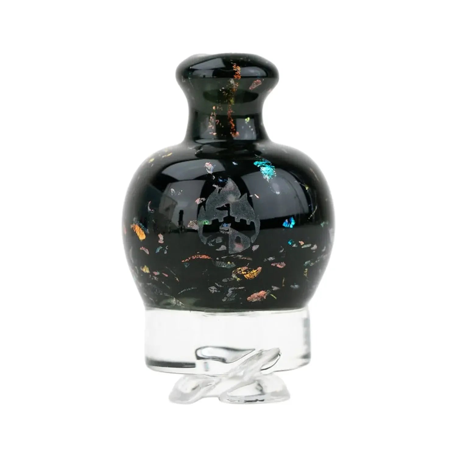Close-up front view of the Empire Glassworks Puffco Pivot Glass Mouthpiece - Black Nebula showing its glossy black rounded top with iridescent flecks on a white background.