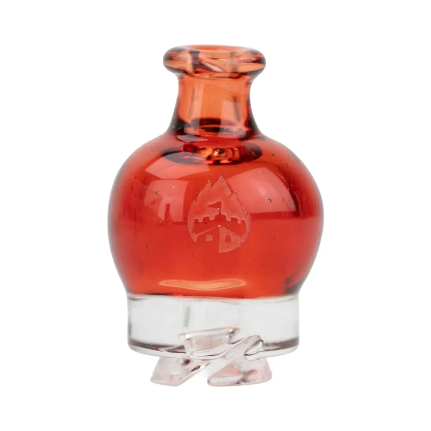 Close-up front view of the transparent red Empire Glassworks Puffco Pivot Glass Mouthpiece showing its rounded top, etched flame logo, and clear glass base.