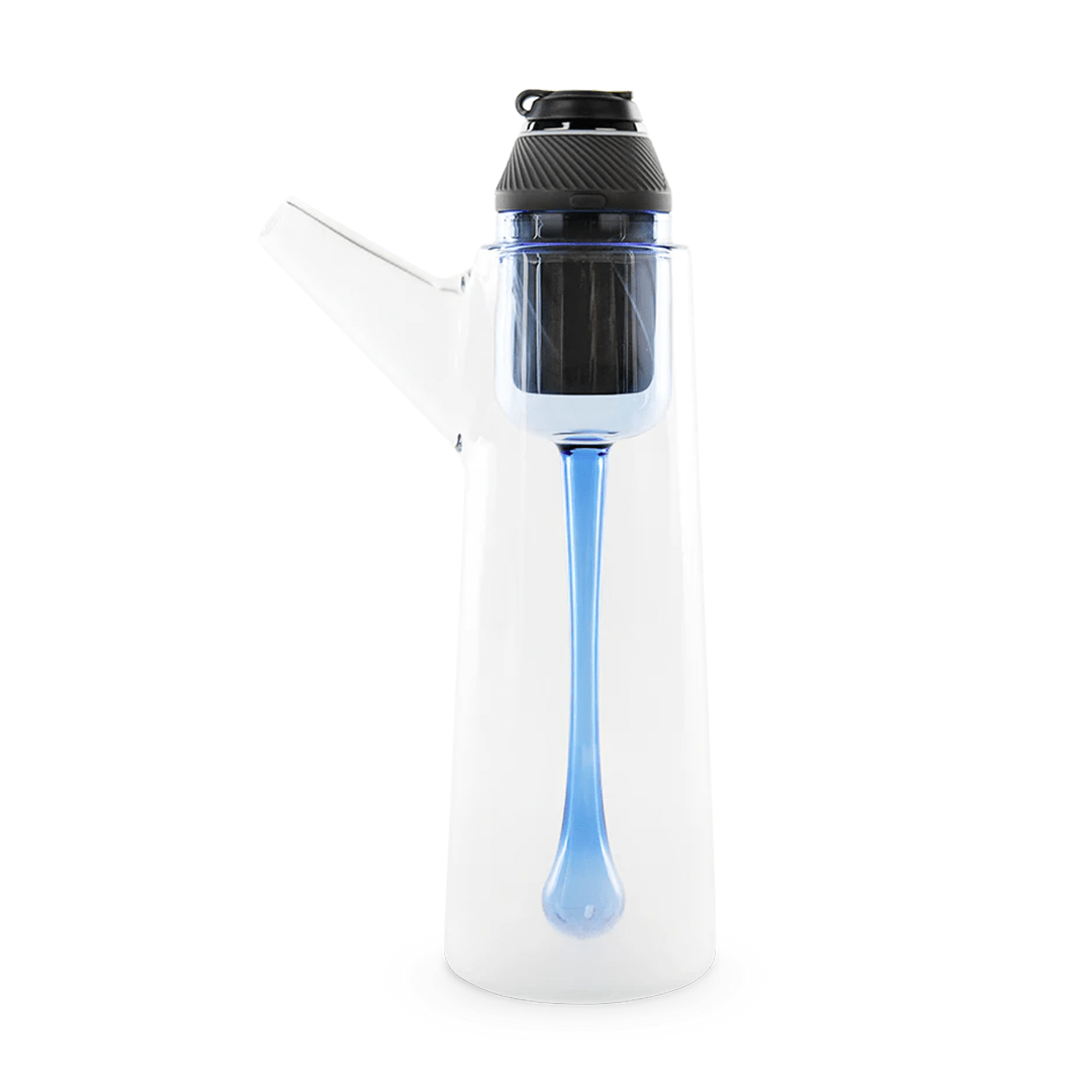 Front-facing view of the Puffco Proxy Droplet showing its clear vertical chamber and suspended blue droplet detail beneath a textured black top.