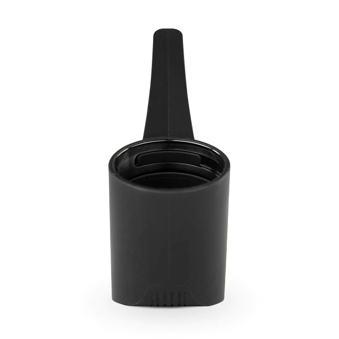 Front-facing close-up of the black Puffco Proxy Travel Pipe showing its cylindrical mouthpiece and long handle against a white background.